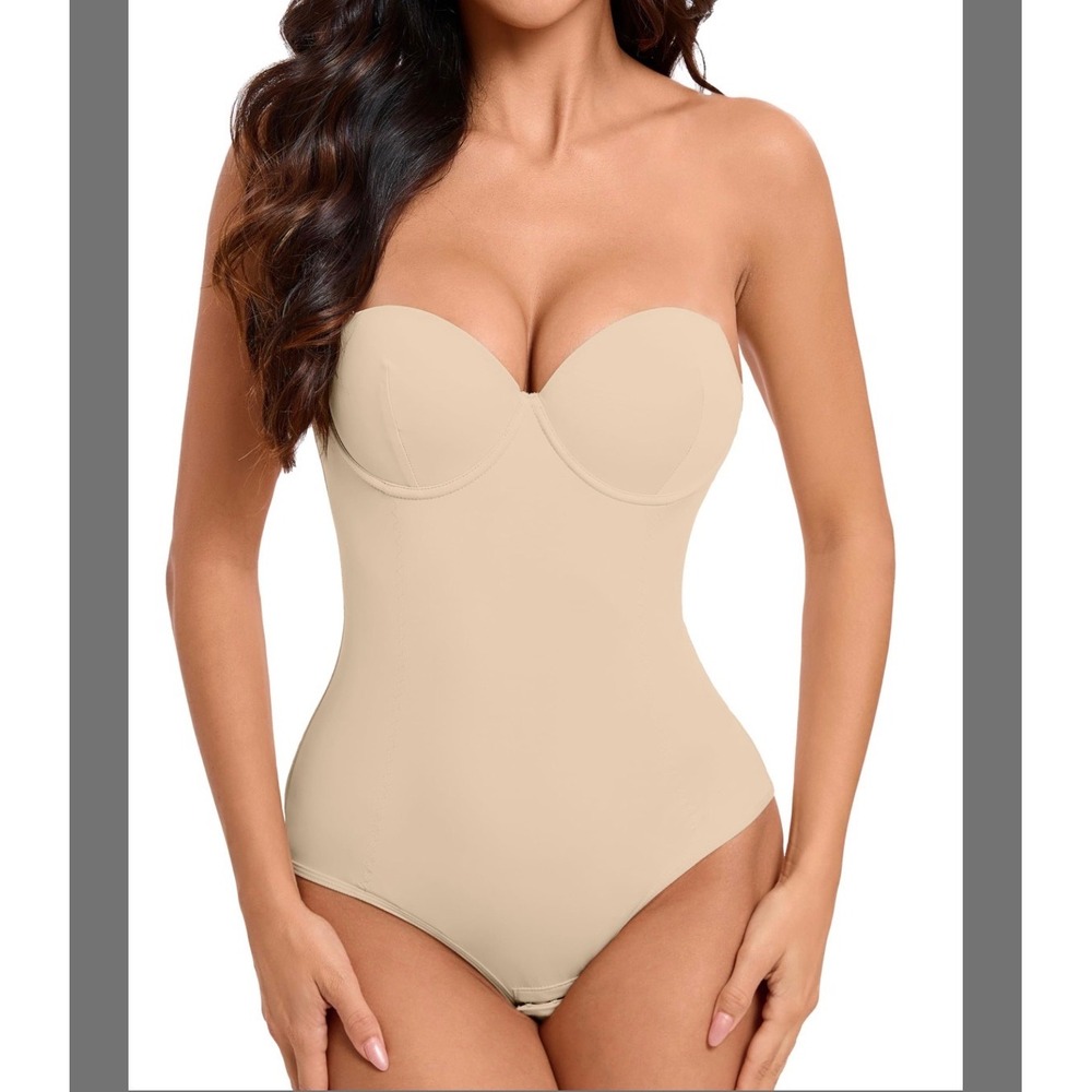 Women Tummy Control Shapewear Bodysuit Built-in Bra Strapless Nude Small